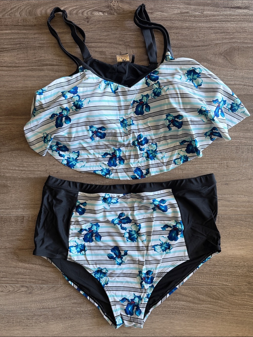 Sea Blue Floral Stripe Ruffle Swim Top and matching bottoms